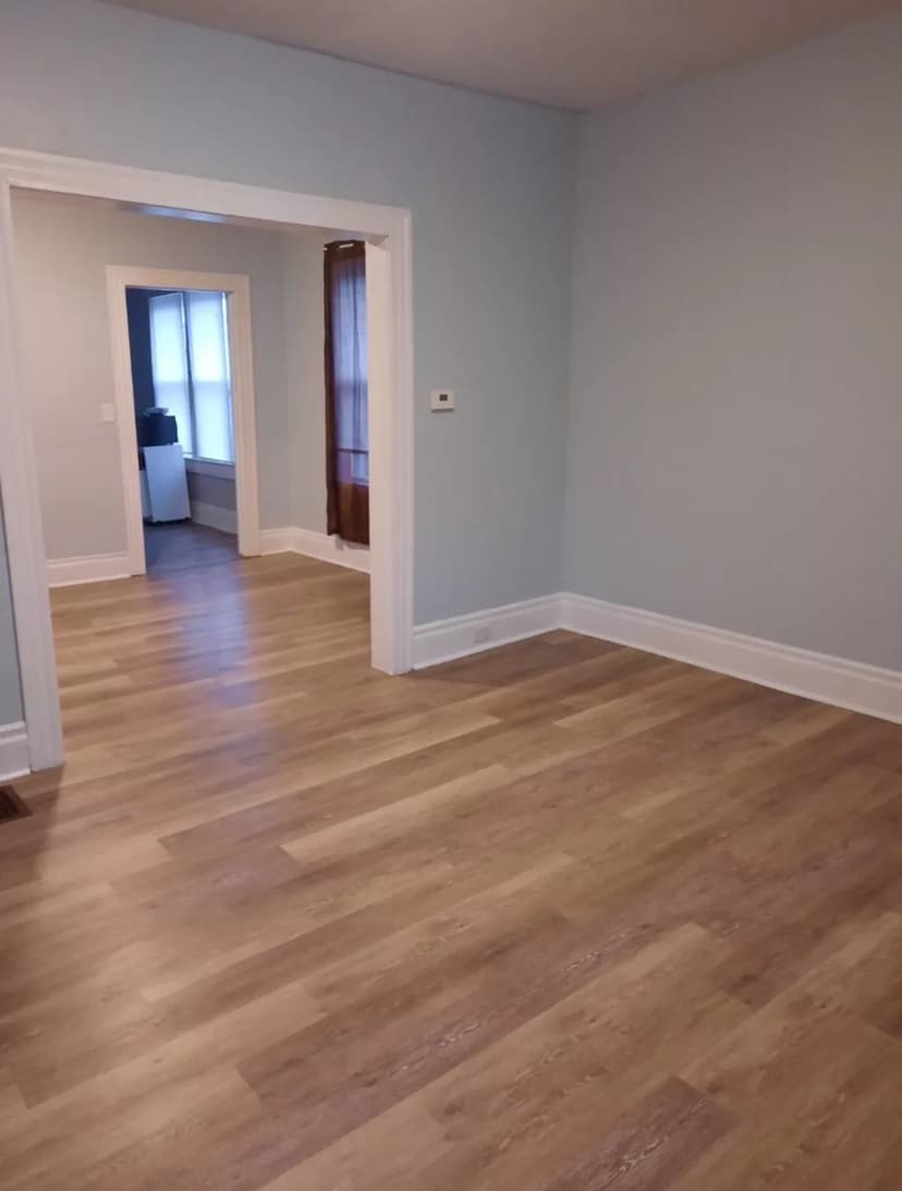 Blue-gray room with crisp white trim